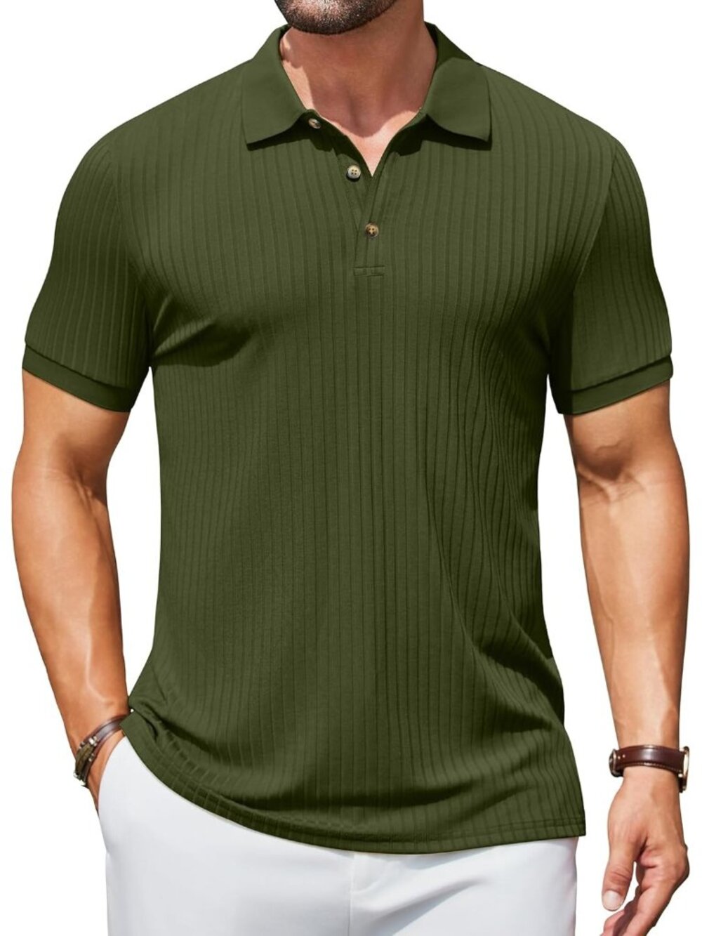 Men's Army Green Textured Polo Shirts Short Sleeve Slim Fit Button Polo Casual